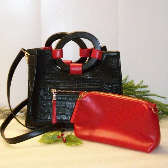 LIKE DREAMS Black & Red Croc Embossed Tote Bag PLUS Cosmetic Bag Insert NEW - Picture 1 of 14